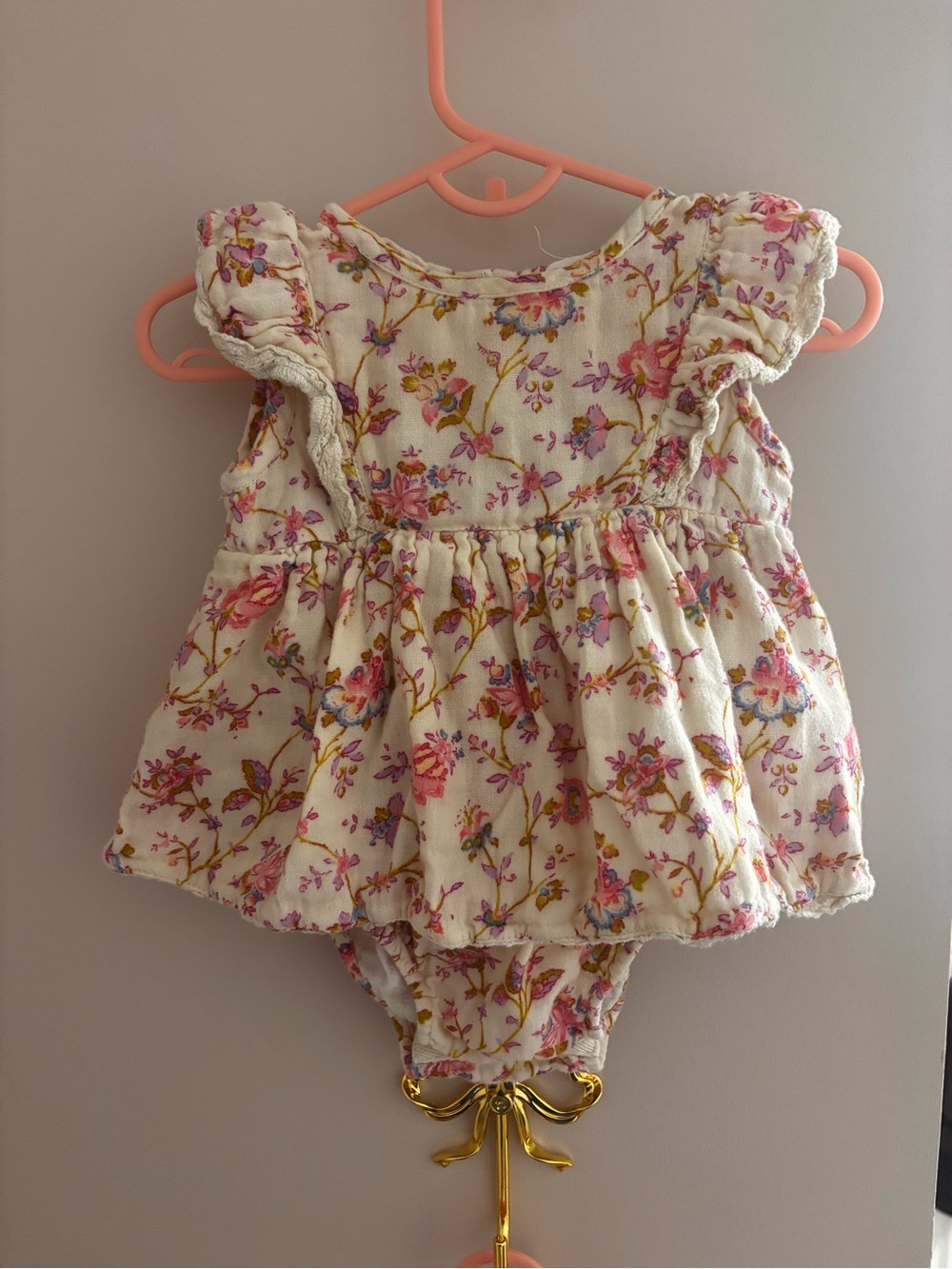 Cream Floral Ruffle Baby One-Piece Bodysuit with Pink Accents